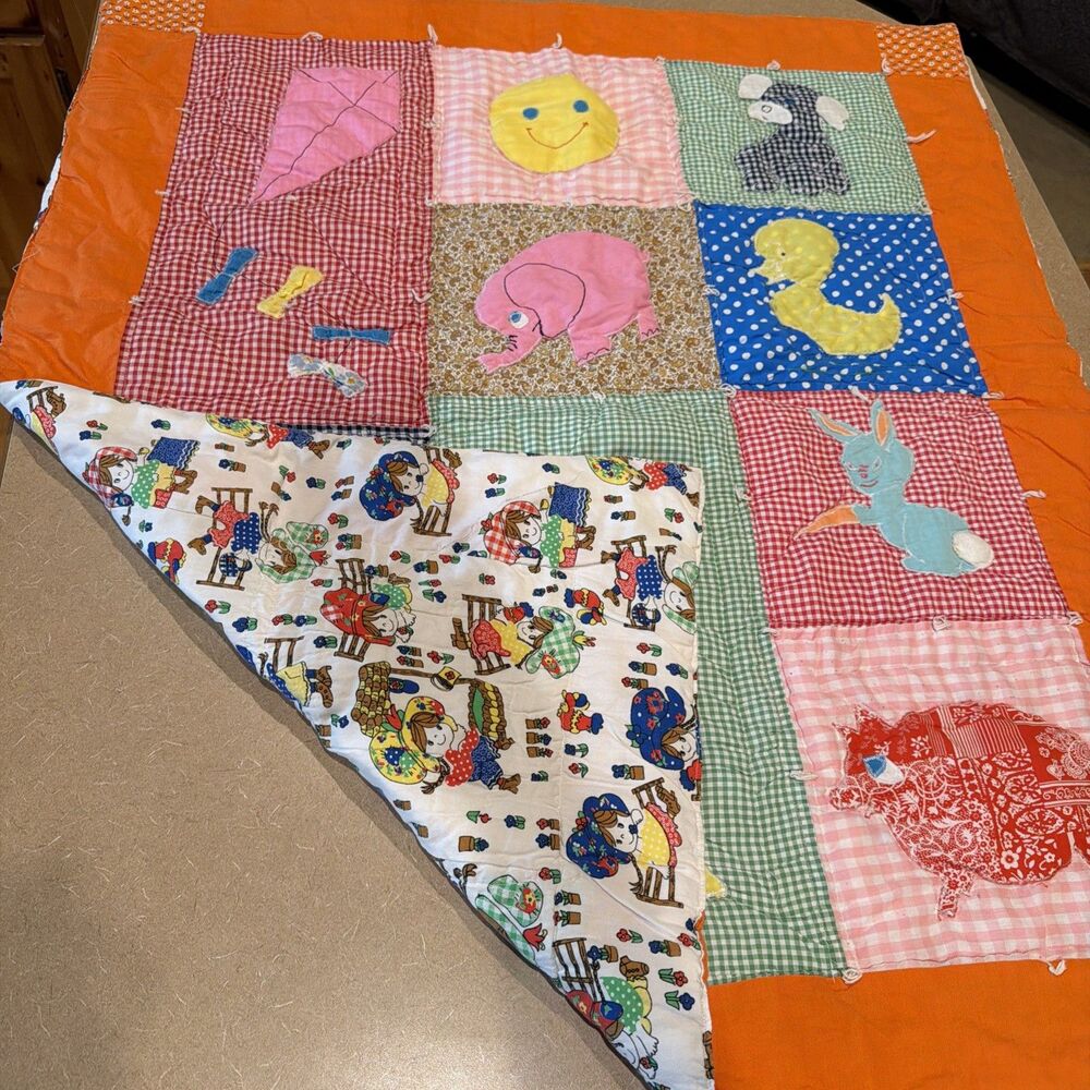 Vtg Handmade Baby Quilt Cottagecore Appliqué Animals Crib Blanket Holly Hobby